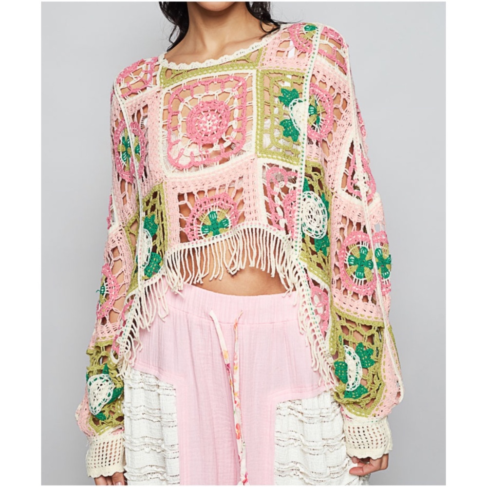 POL Multicolor Granny Square Fringe Hem Open Bottom Sweater Top - Picture 4 of 5